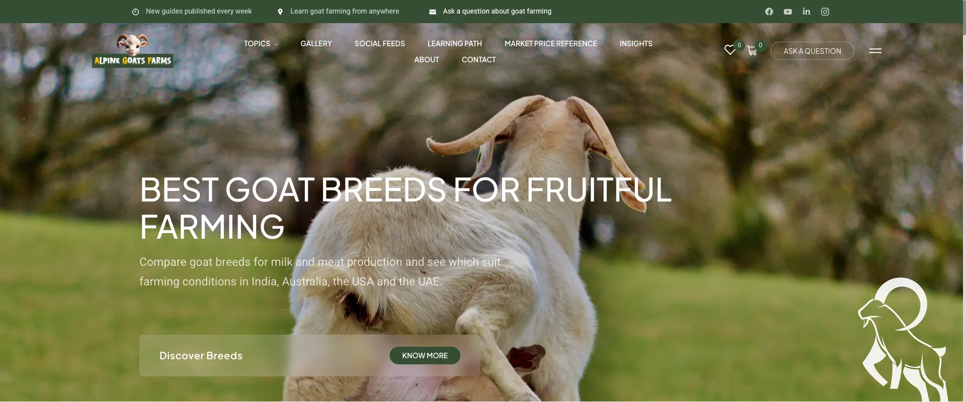Alpine Goats Farms website: a goat farming knowledge hub with breed guides, a market price reference and a self-paced learning path