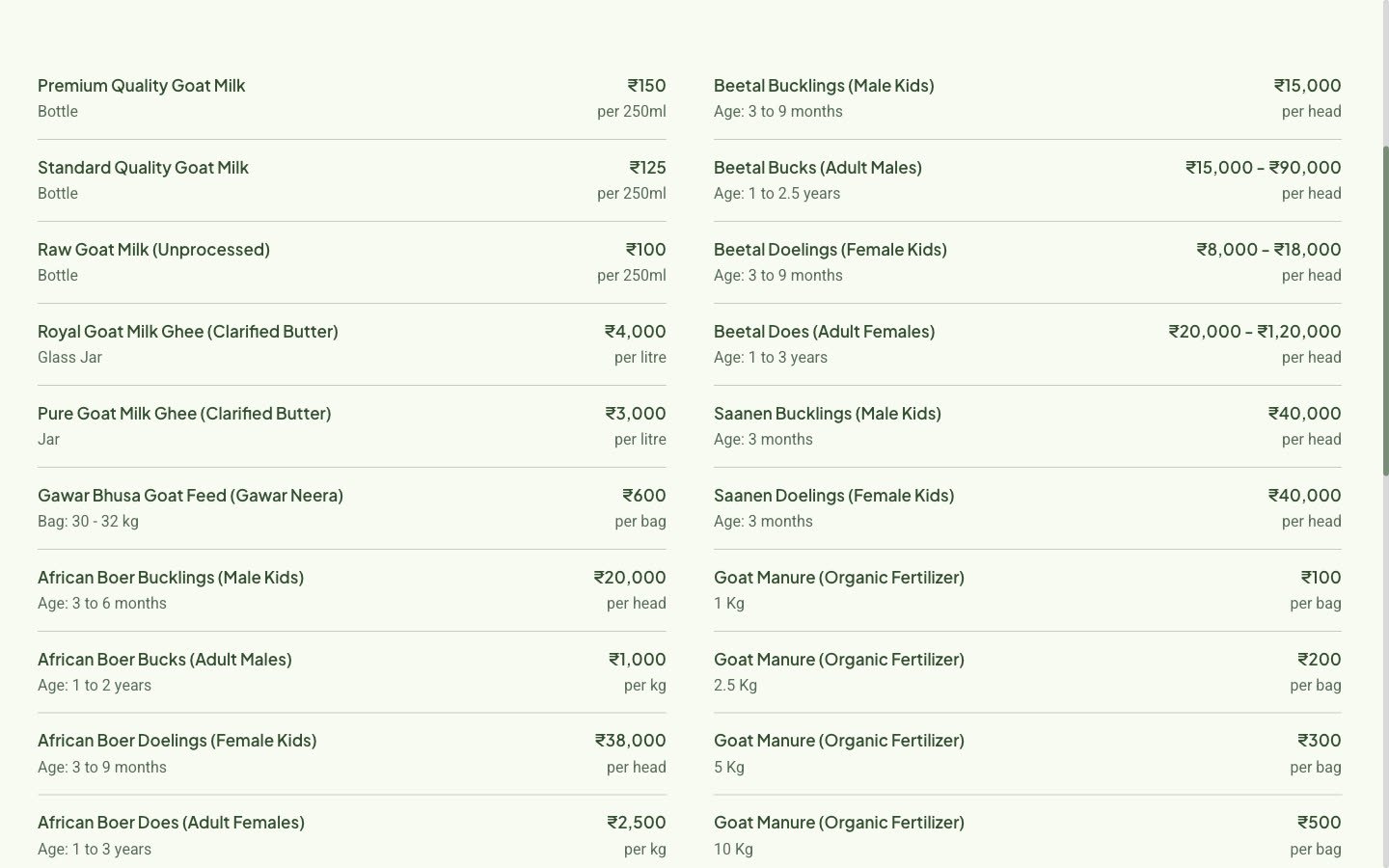 Alpine Goats Farms live price list