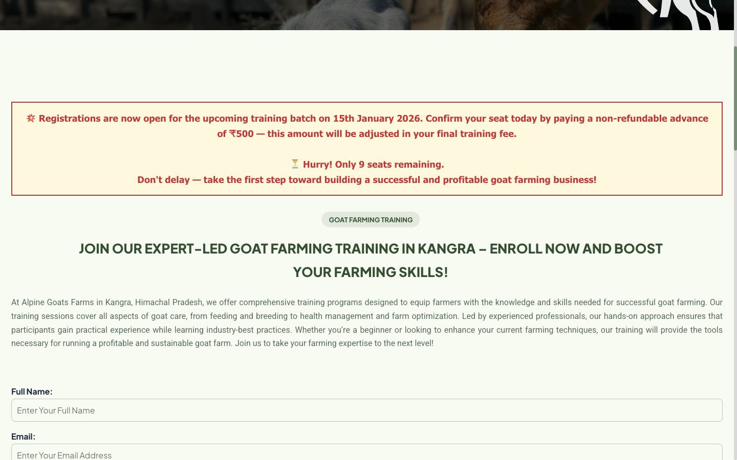 Alpine Goats Farms training registration page