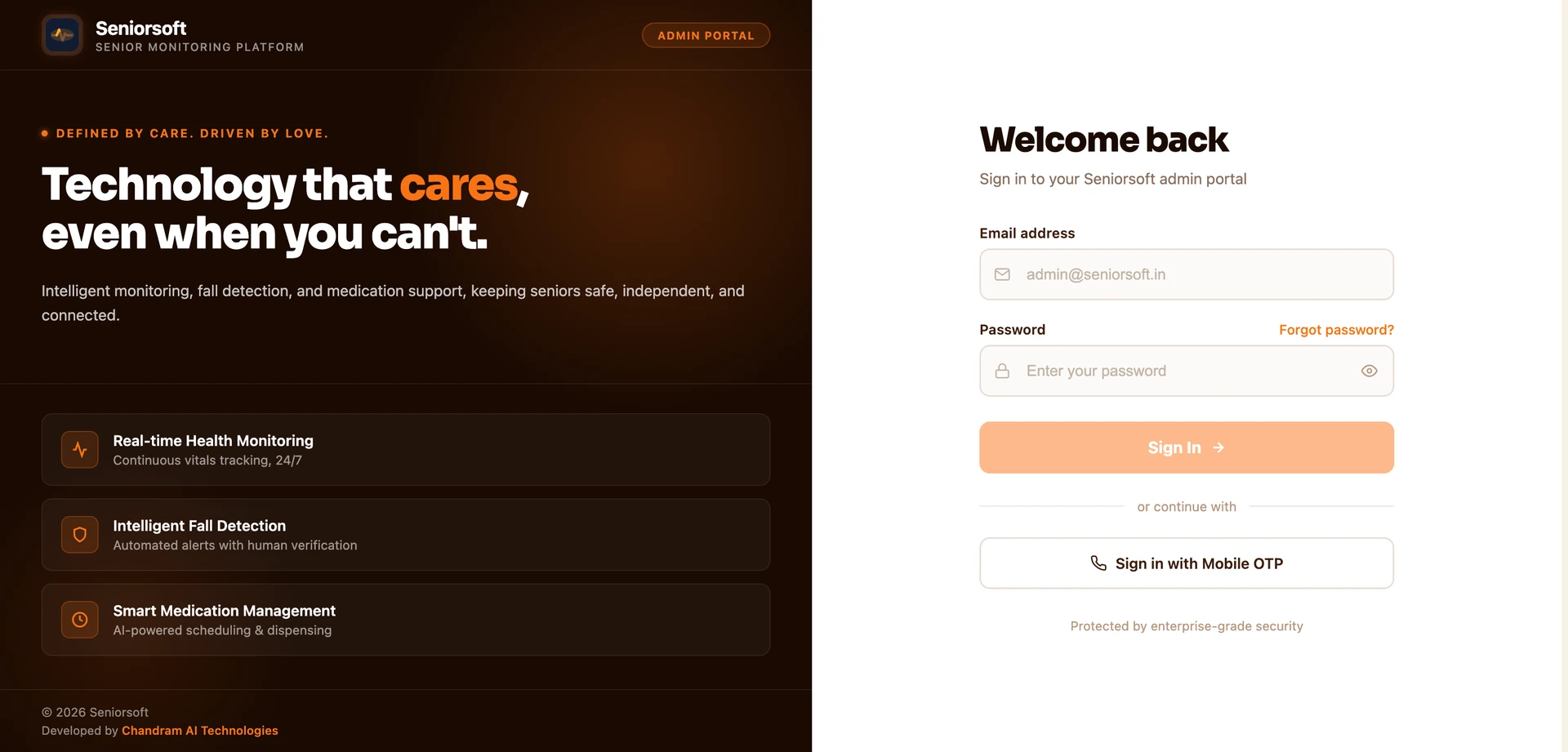 Seniorsoft admin portal sign-in screen, describing real-time health monitoring, intelligent fall detection and smart medication management