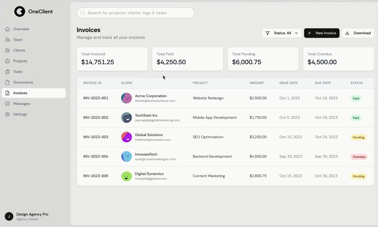 OneClient invoices